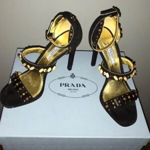 Prada Studded Suede Heels 38.5 Black Gold Ankle Strap Sandals Made in Italy $850